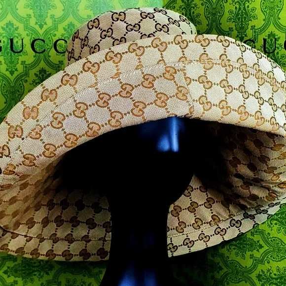 Gucci Bucket Hat GG Monogram Beige Wide Large Brim Jacquard Canvas Denim New - Picture 4 of 8